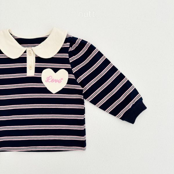 愛心貼布圓領條紋長袖上衣 