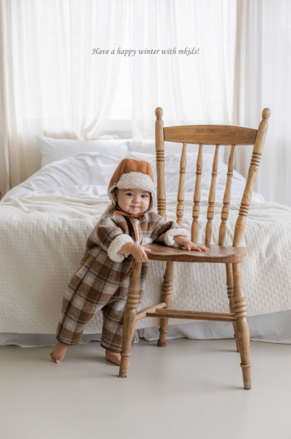 泰迪色復古格紋寶寶連身衣 