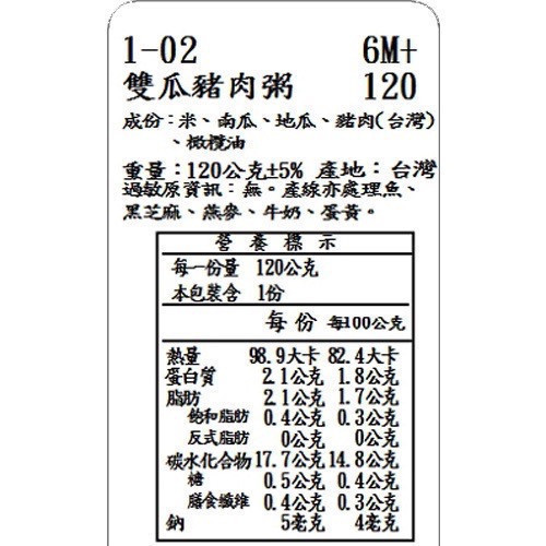 捷捷 副食品-1-02雙瓜豬肉小寶寶粥(120g*4) 