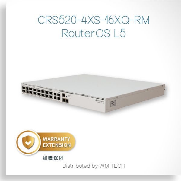 CRS520-4XS-16XQ-RM - MikroTik 機房用系列交換器 RouterOS L5 MikroTik, CRS520-4XS-16XQ-RM, 100G交換器, 雲端交換器, QSFP28交換器, 25G SFP28, MikroTik核心交換器, L3交換器, 資料中心網通, 高速網路設備, 網路骨幹設備