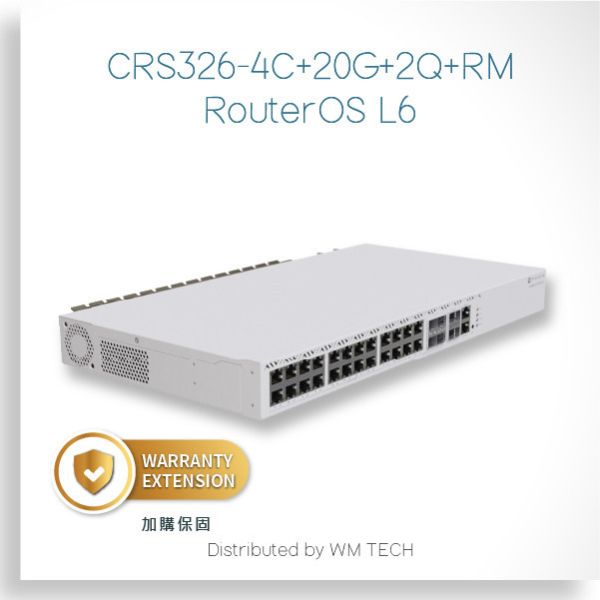 CRS326-4C+20G+2Q+RM - MikroTik 機房用系列交換器 RouterOS L6 MikroTik, CRS326-4C+20G+2Q+RM, 光纖交換器, SFP交換器, QSFP交換器, 機架型交換器, 40G交換器, RouterOS, SwOS, 企業網路設備, 高速交換器, 網路硬體