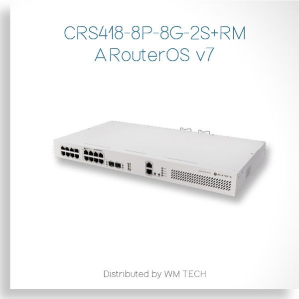 CRS418-8P-8G-2S+RM - MikroTik 機房用系列交換器 RouterOS L5 MikroTik, CRS418-8P-8G-2S+RM, PoE交換器, 10G交換器, Gigabit交換器, 中小企業網路, 無線AP供電, NAS上行, RouterOS, SwOS, 網路設備