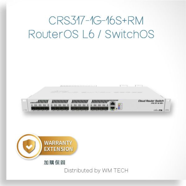 CRS317-1G-16S+RM - MikroTik 機房用系列交換器 (RouterOS L6, SWoS) MikroTik, CRS317-1G-16S+RM, 16埠SFP+交換器, 光纖交換器, 機架式交換器, RouterOS, SwOS, 高速交換器, 企業網路, 網路設備