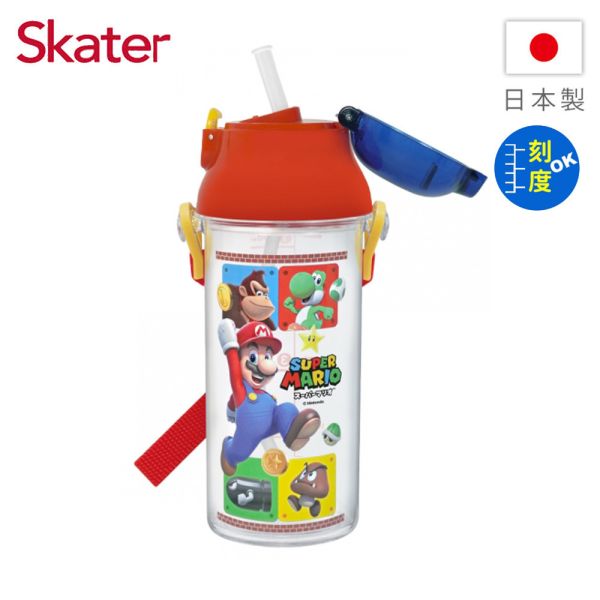 Skater 日本水壺 480ml 定量吸管水壺｜瑪利歐｜PSB5TRCST 透明吸管水壺,skater,superbo,水壺推薦,兒童水壺推薦,不鏽鋼水壺,保溫瓶,不鏽鋼保溫瓶,吸管水壺,直飲水壺,透明水壺,汪汪隊水壺