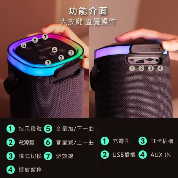 【KINYO】手提攜帶式RGB氣氛燈藍牙音響(可串聯) 