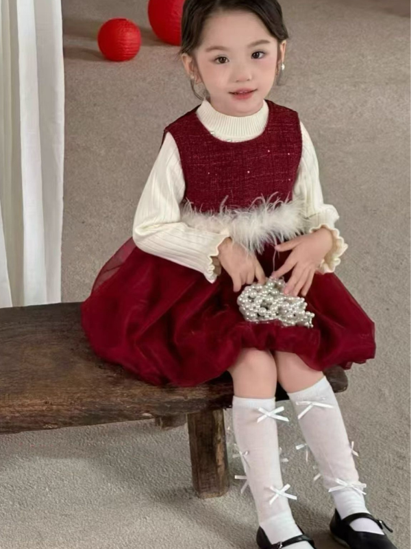 拜年華麗羽毛連身裙內搭上衣珍兩件套套裝 