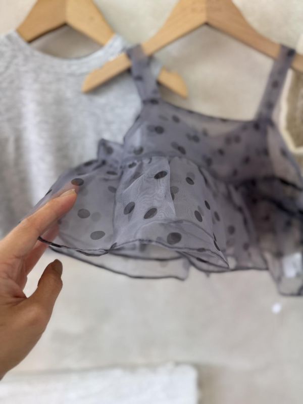 兩件套！圓點紗罩衫坑條寬肩背心套裝 