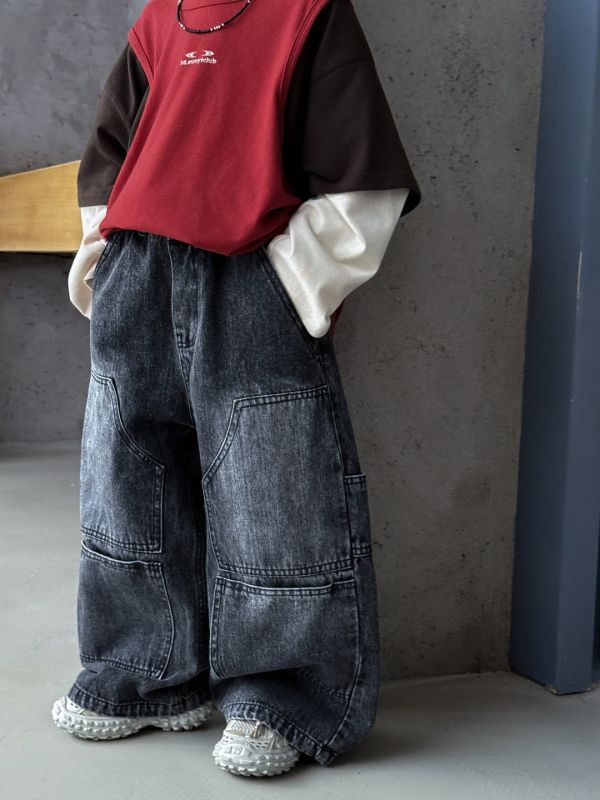 超帥！刷白特色口袋挺版牛仔長褲 