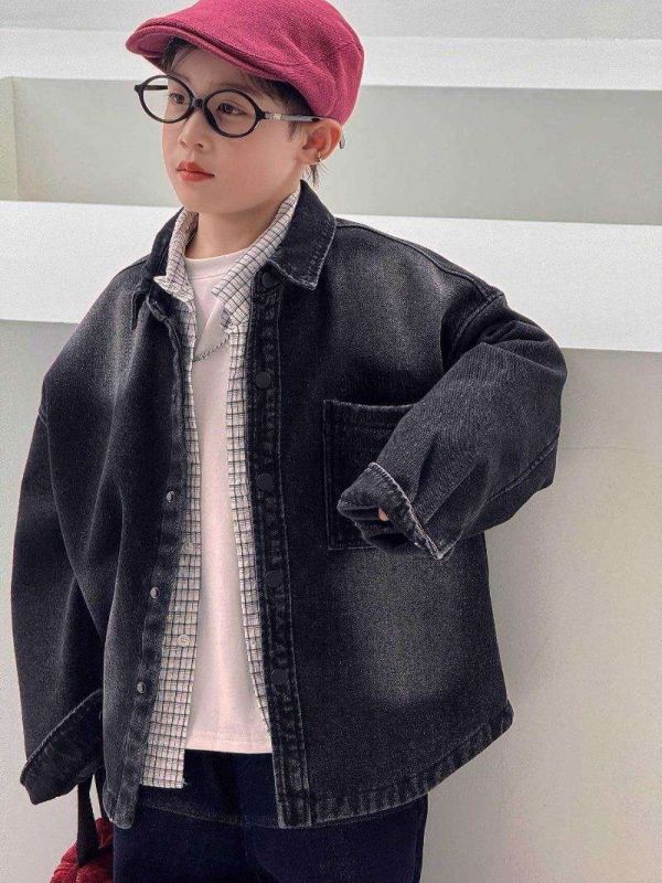 字母刺繡個性刷白加絨牛仔襯衫/外套 