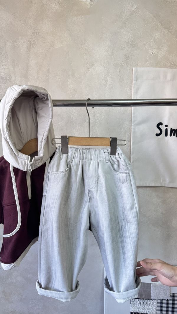 灰白暈染刷色加絨牛仔長褲 