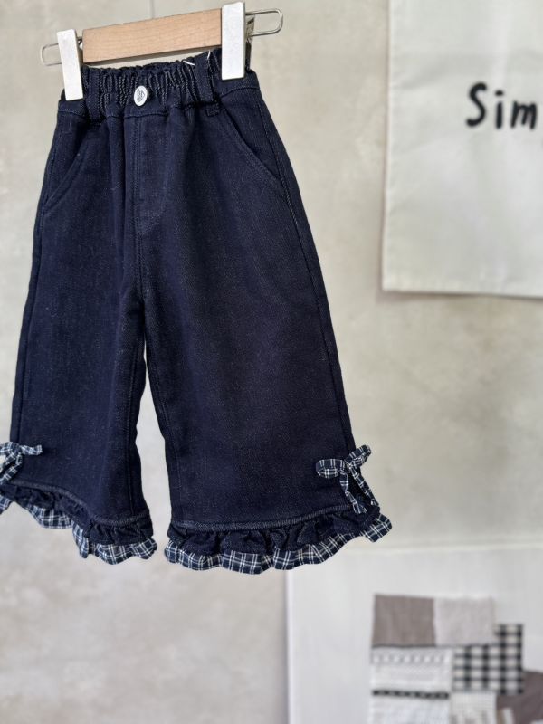 格紋花邊蝴蝶結直筒牛仔加厚長褲(褲長偏短可帶大) 