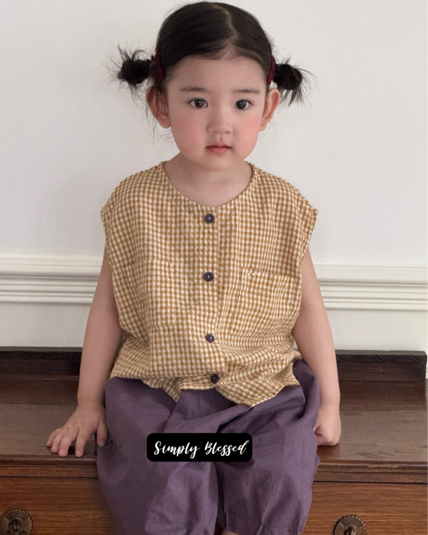 無性別文青格子棉麻無袖上衣 