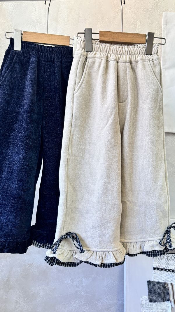 格紋花邊蝴蝶結毛呢長褲 