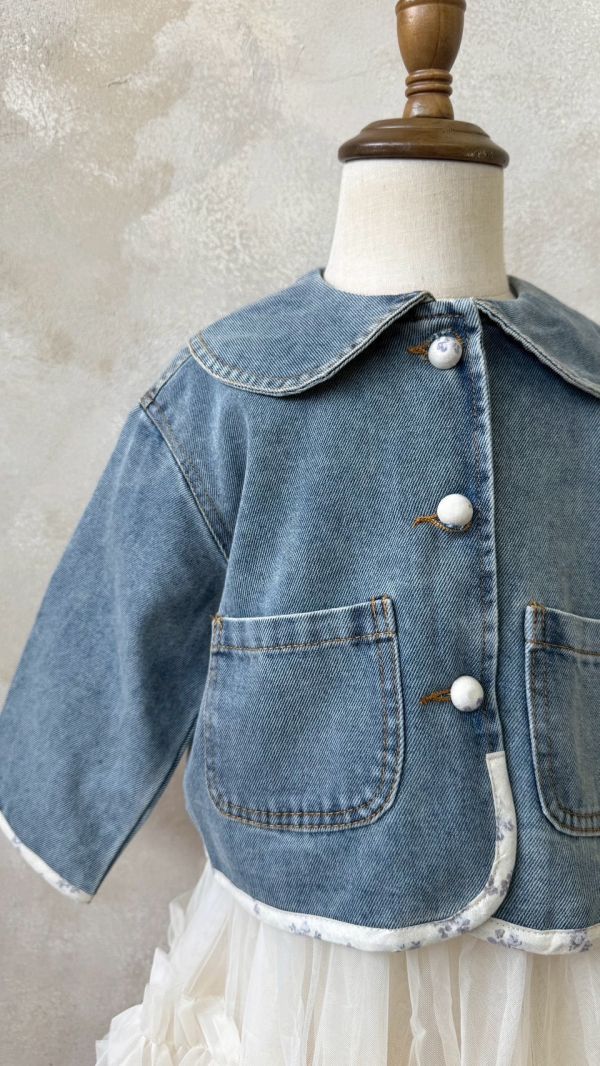 翻領碎花布滾邊牛仔外套 