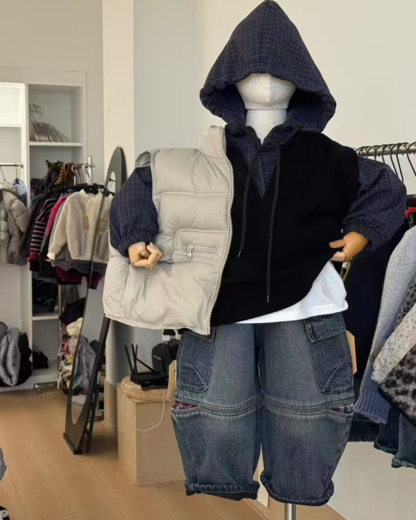 型男假兩件格紋拼接連帽刷毛加厚上衣 