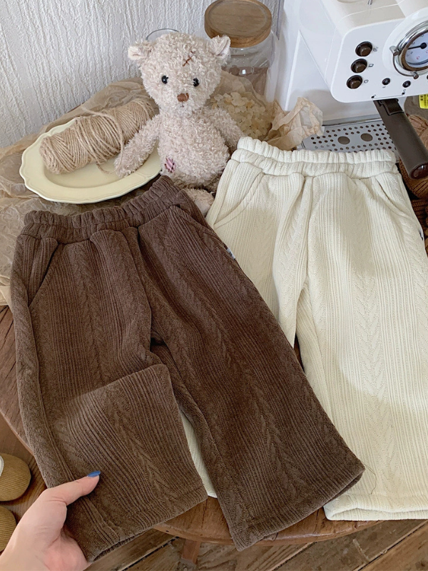 特色編織麻花坑條加絨直筒長褲 