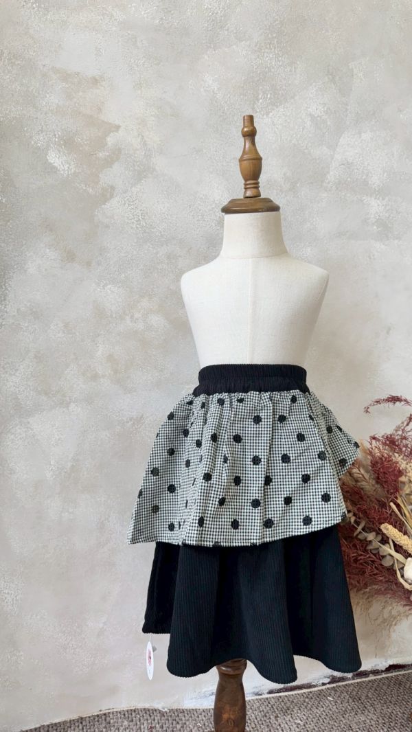 設計感！日系波點格紋拼接燈芯絨半身裙 