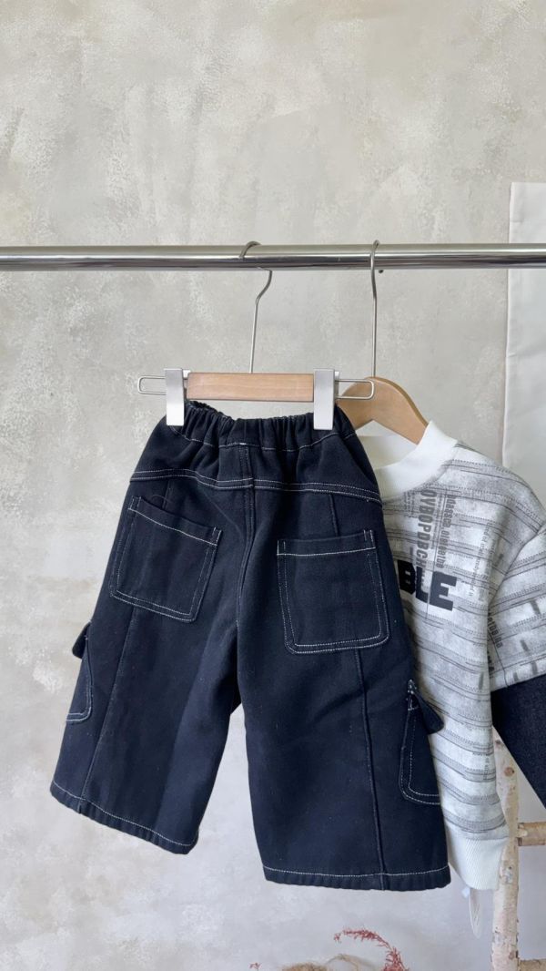 設計感多口袋工裝牛仔加絨長褲 