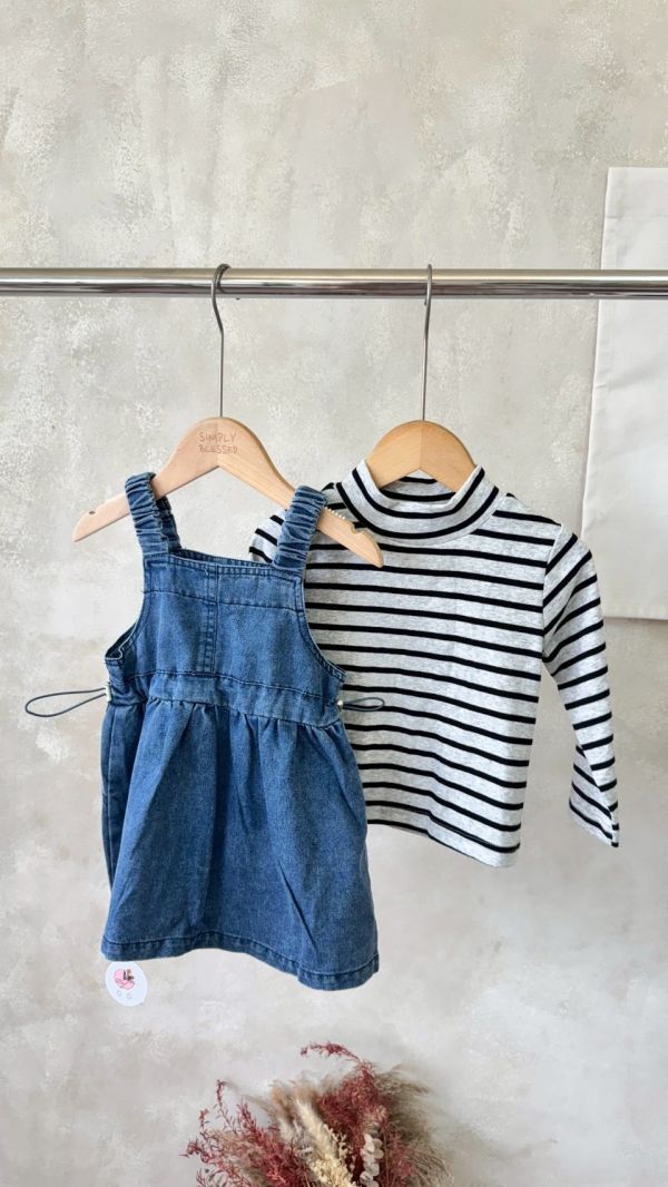 兩件套！日系牛仔吊帶連身裙條紋上衣套裝(版偏小可帶大) 