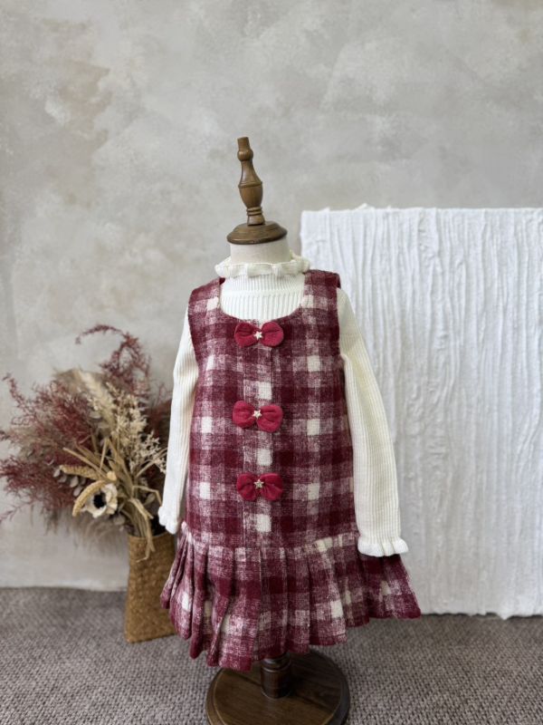 兩件套！毛呢格紋百摺連身裙坑條上衣套裝 