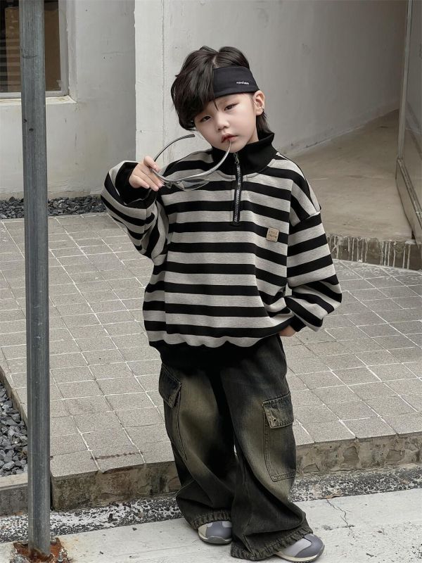 態度拿出來休閒條紋拉鏈半高領加絨上衣 