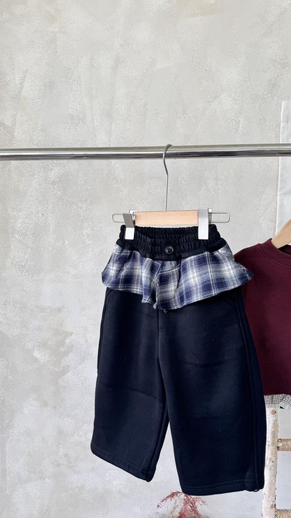 格紋荷葉邊加絨休閒棉褲(抽繩縮口） 