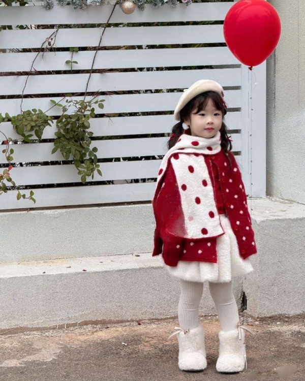 紅白點點針織上衣/外套(含同款圍巾) 