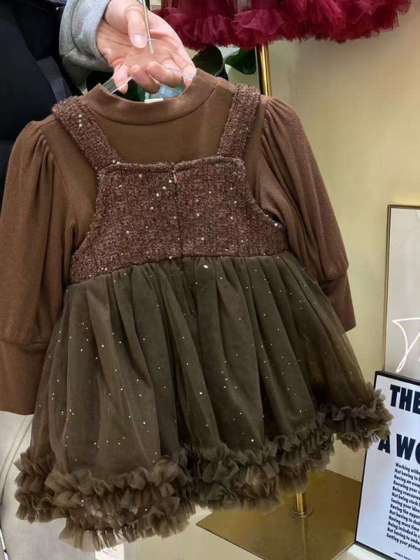 真兩件亮片蝴蝶結拼紗兩連身裙打底咖色上衣套裝 