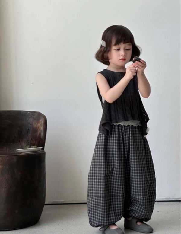 日系棉麻格子燈籠褲 