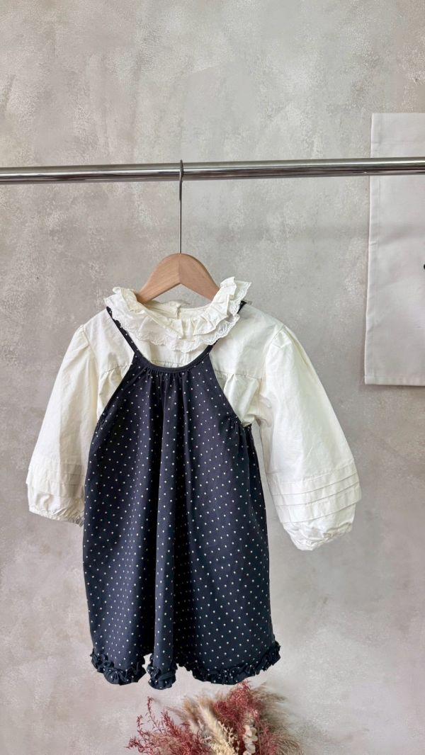 兩件套！蕾絲花邊翻領泡泡袖上衣日系波點連身裙套裝 