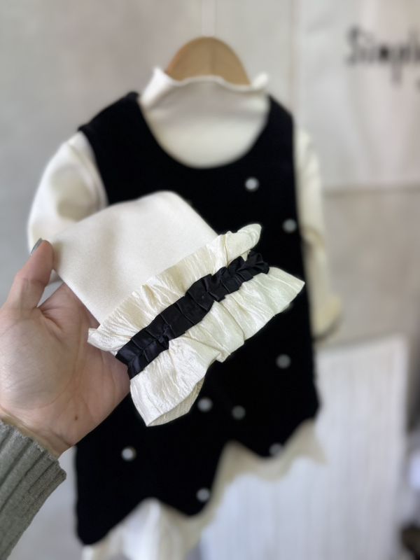 兩件套！質感珍珠荷葉邊連身裙木耳邊內搭上衣套裝 