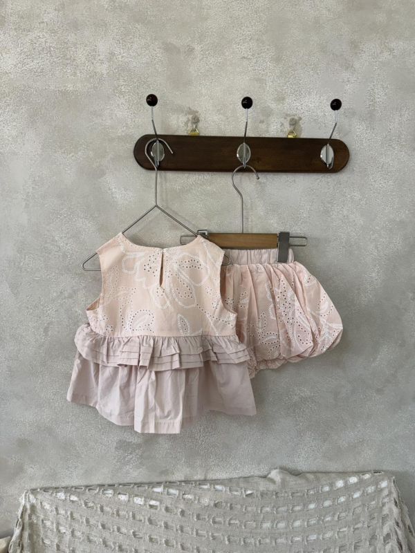 公主提花層次荷葉背心花苞褲套裝 