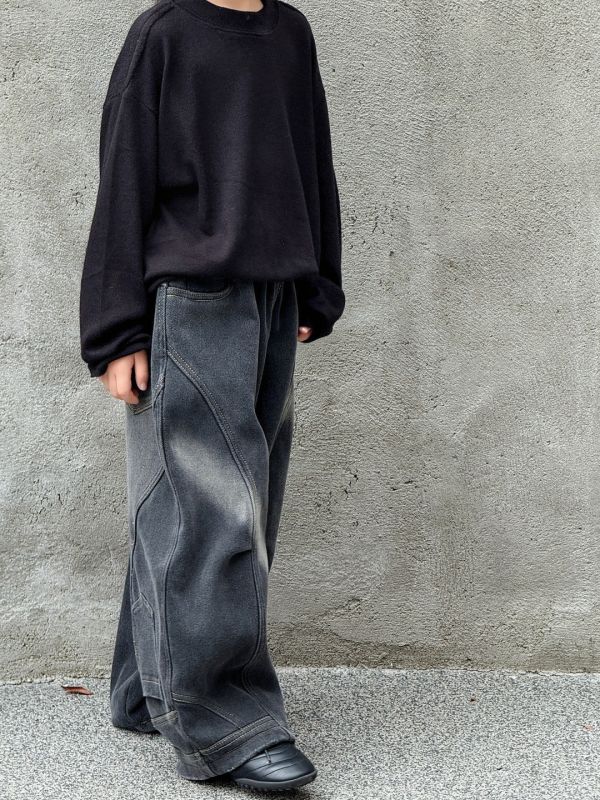 特殊刷色顛倒褲頭加絨牛仔長褲(版型偏大) 