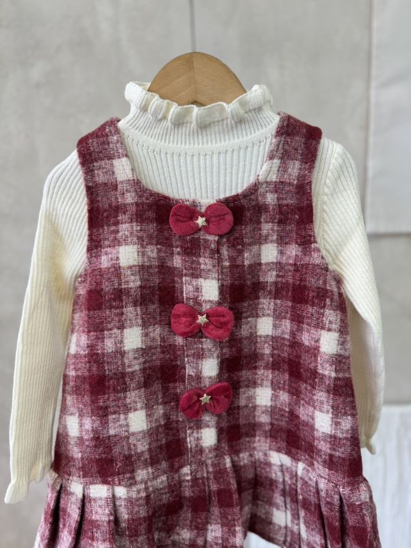 兩件套！毛呢格紋百摺連身裙坑條上衣套裝 