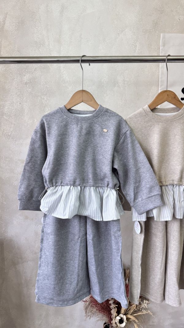 磨毛拼接條紋荷葉邊側面不收邊長褲舒適套裝(版型偏大) 