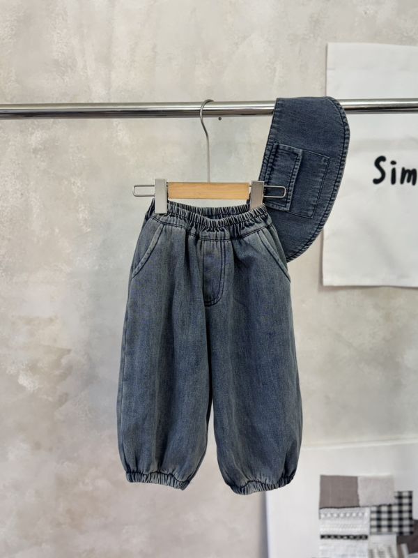 口袋屁簾綁帶加絨軟牛仔燈籠褲 