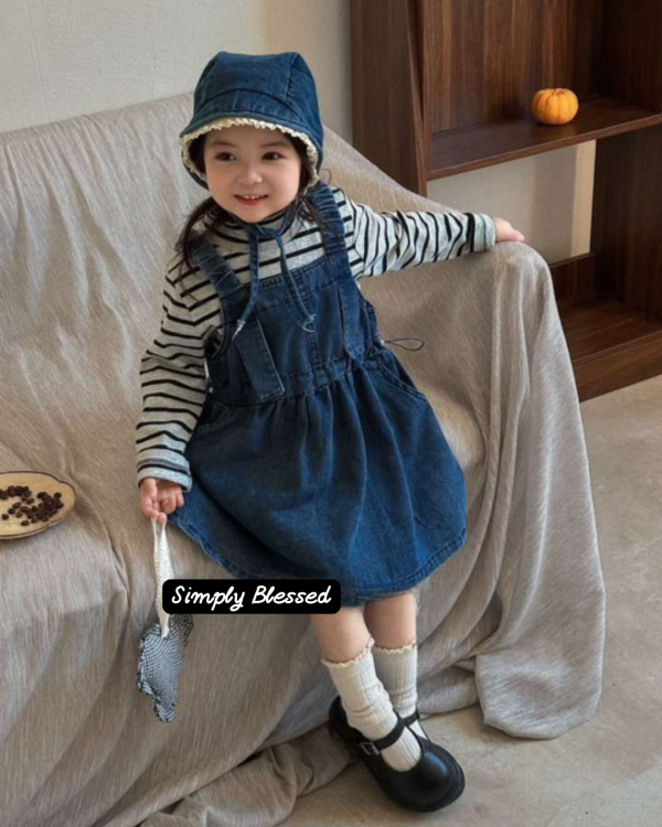 兩件套！日系牛仔吊帶連身裙條紋上衣套裝(版偏小可帶大) 