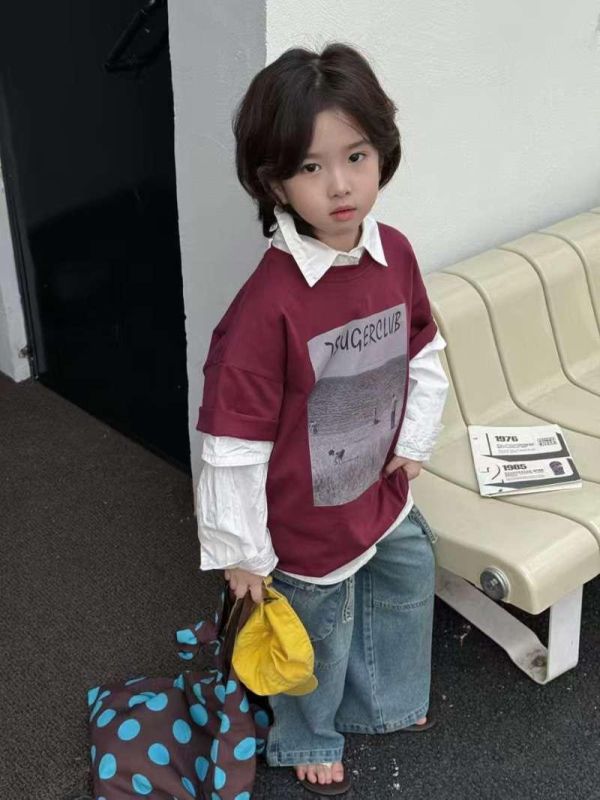 海灘舊照片印花暗紅短T 