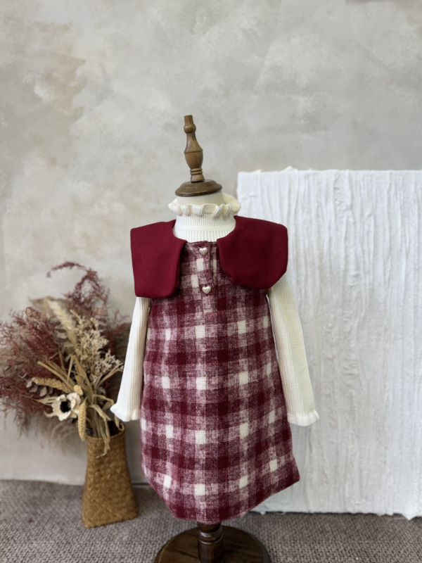 兩件套！愛心釦格紋毛呢翻領連身裙條內搭上衣套裝 