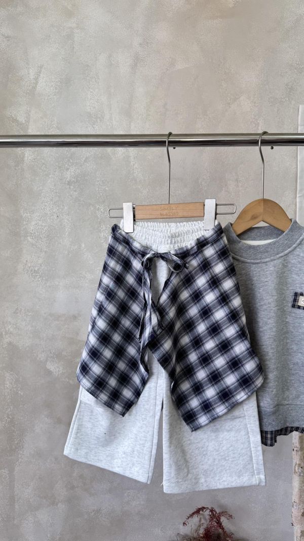 兩件套！格紋可拆屁簾花灰休閒薄款棉褲 