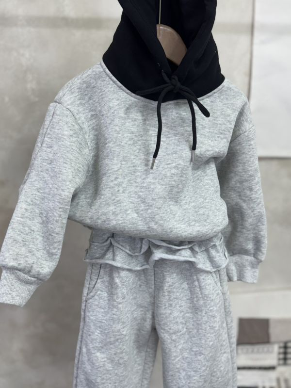 撞色連帽大學T/荷葉邊長褲休閒刷毛套裝 