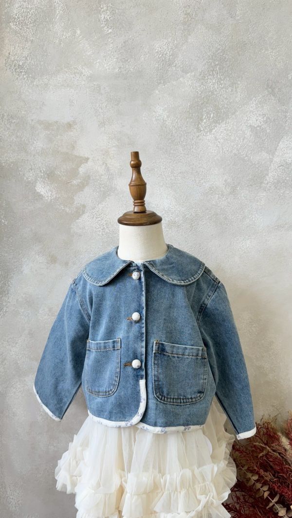 翻領碎花布滾邊牛仔外套 