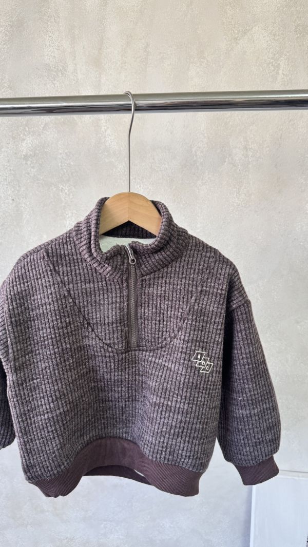 坑條咖紅調半拉鍊刷毛上衣 