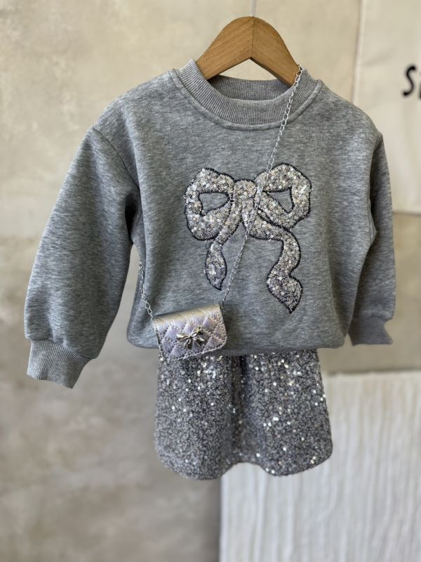 蝴蝶結亮片大學亮片短裙套裝(含銀色小包) 