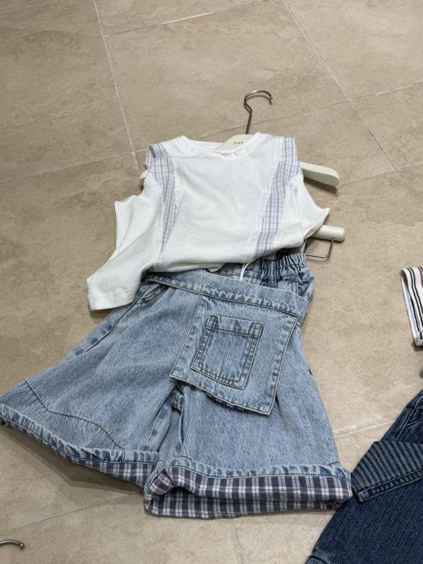 重磅拼接格紋五分牛仔褲(造型腰包可拆) 