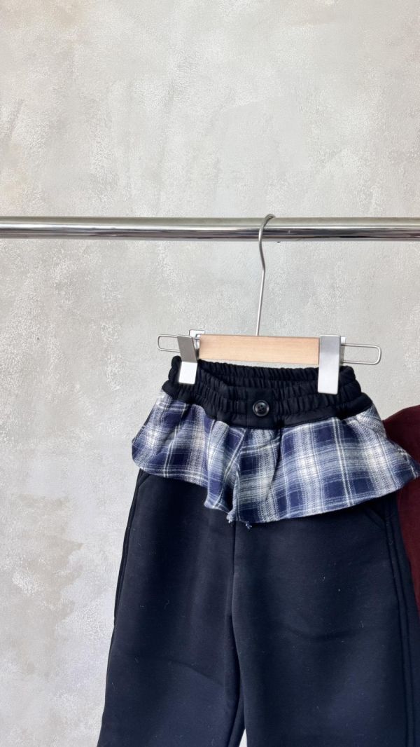 格紋荷葉邊加絨休閒棉褲(抽繩縮口） 