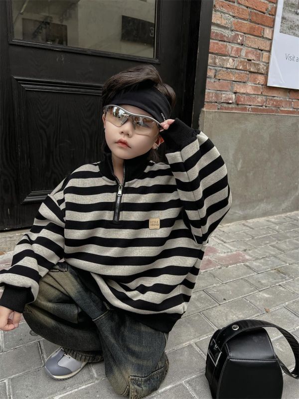 態度拿出來休閒條紋拉鏈半高領加絨上衣 