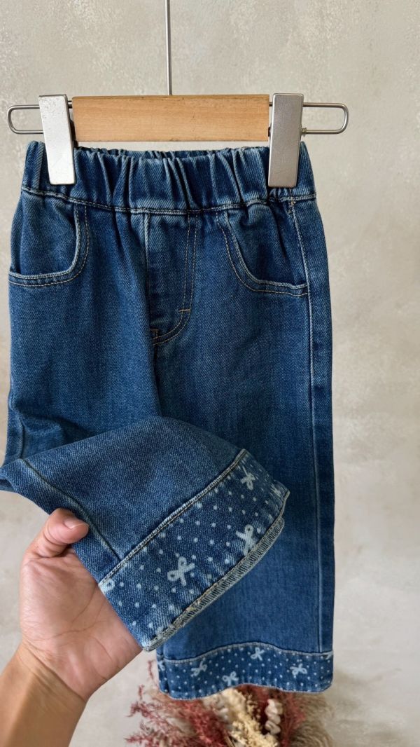 蝴蝶結波點印花寬牛仔長褲 