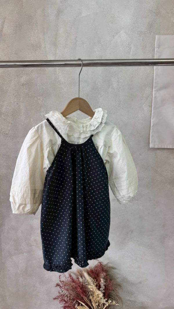 兩件套！蕾絲花邊翻領泡泡袖上衣日系波點連身裙套裝 