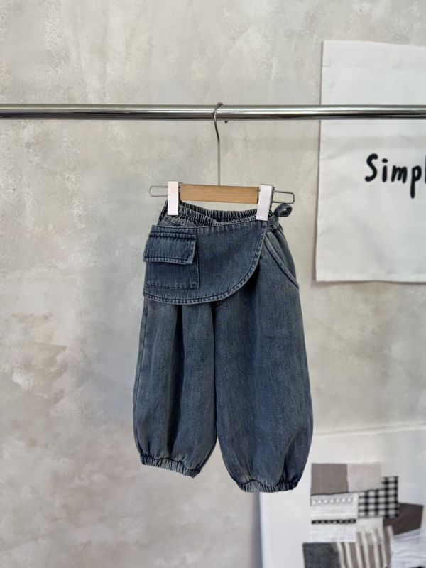 口袋屁簾綁帶加絨軟牛仔燈籠褲 